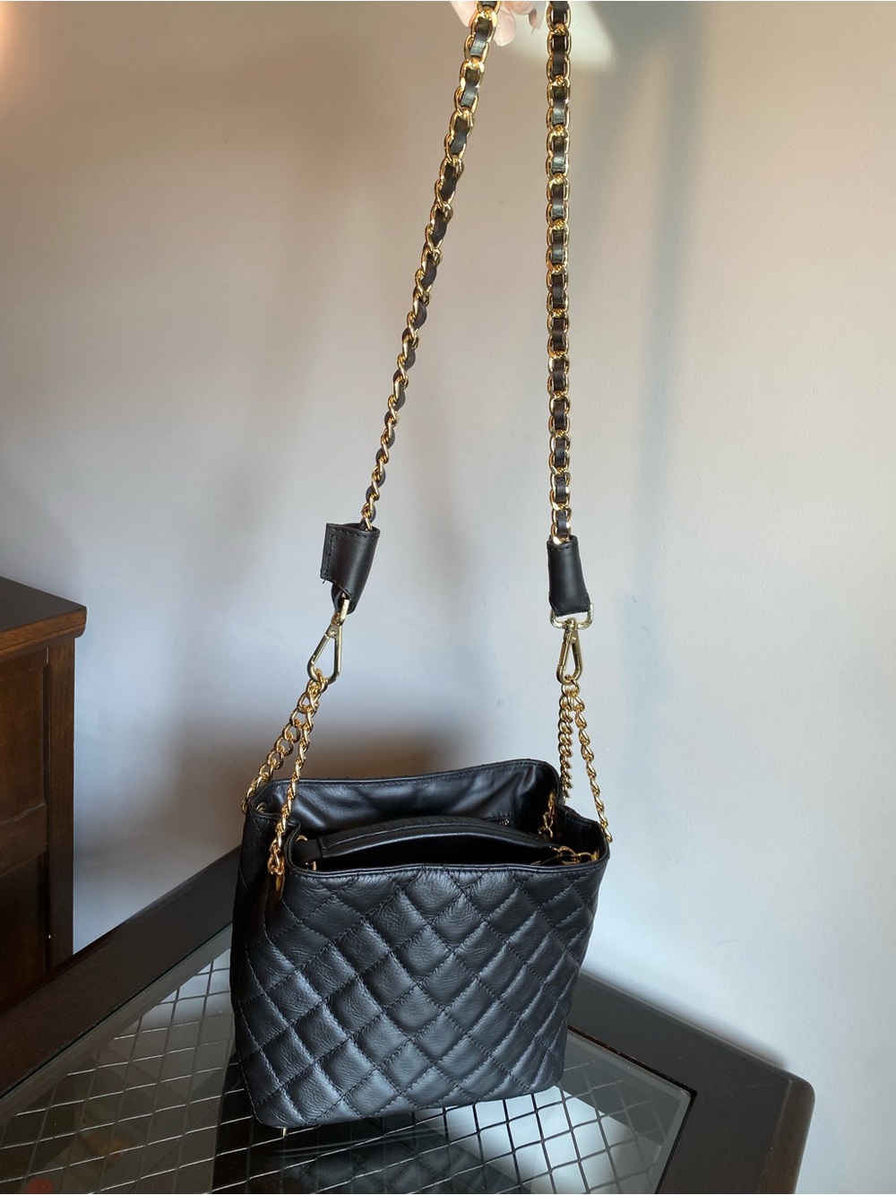 Black Quilted Shoulder Bag with Gold Chain Strap